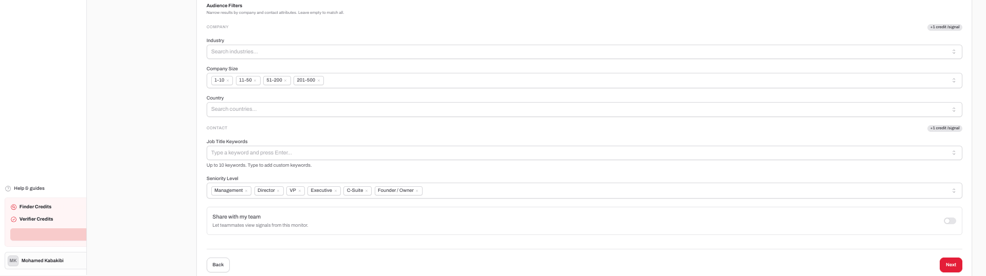 Audience filters with seniority dropdown